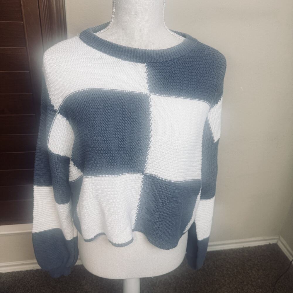 Moon & Madison Checked Crop Sweater Grey/White‎ womens M cotton blend